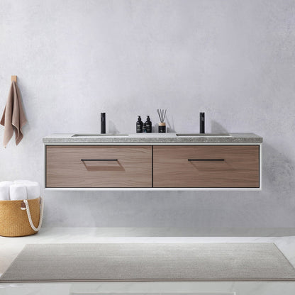 Vinnova Caparroso 72" Double Sink Floating Bathroom Vanity In Light Walnut And Matte Black Hardware Finish With Grey Sintered Stone Top