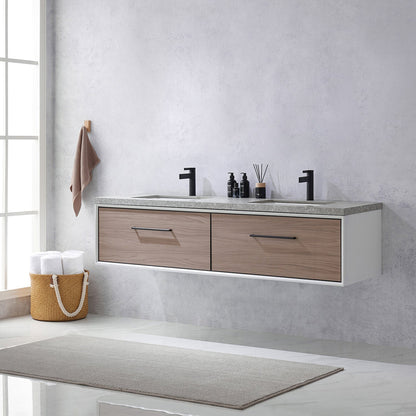 Vinnova Caparroso 72" Double Sink Floating Bathroom Vanity In Light Walnut And Matte Black Hardware Finish With Grey Sintered Stone Top