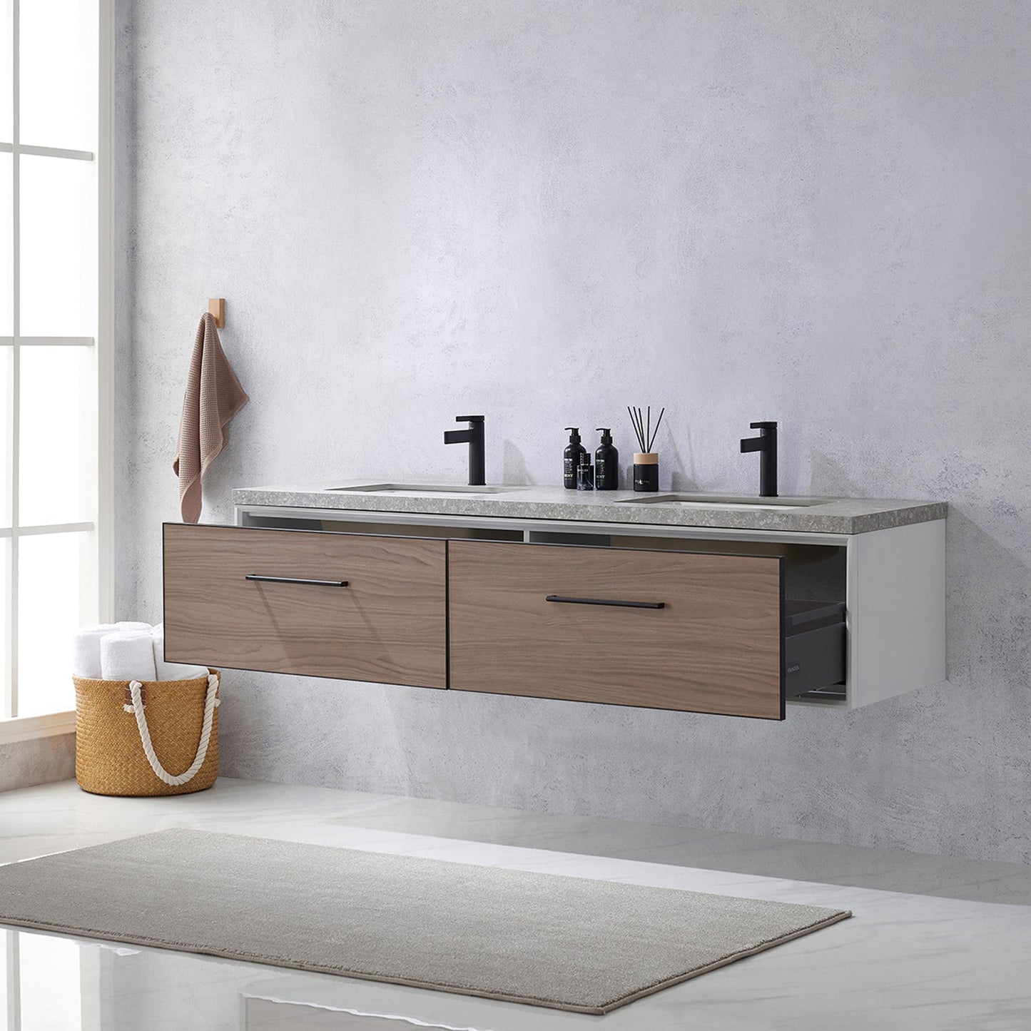 Vinnova Caparroso 72" Double Sink Floating Bathroom Vanity In Light Walnut And Matte Black Hardware Finish With Grey Sintered Stone Top