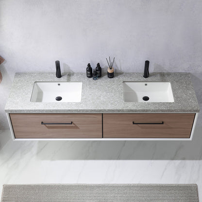 Vinnova Caparroso 72" Double Sink Floating Bathroom Vanity In Light Walnut And Matte Black Hardware Finish With Grey Sintered Stone Top