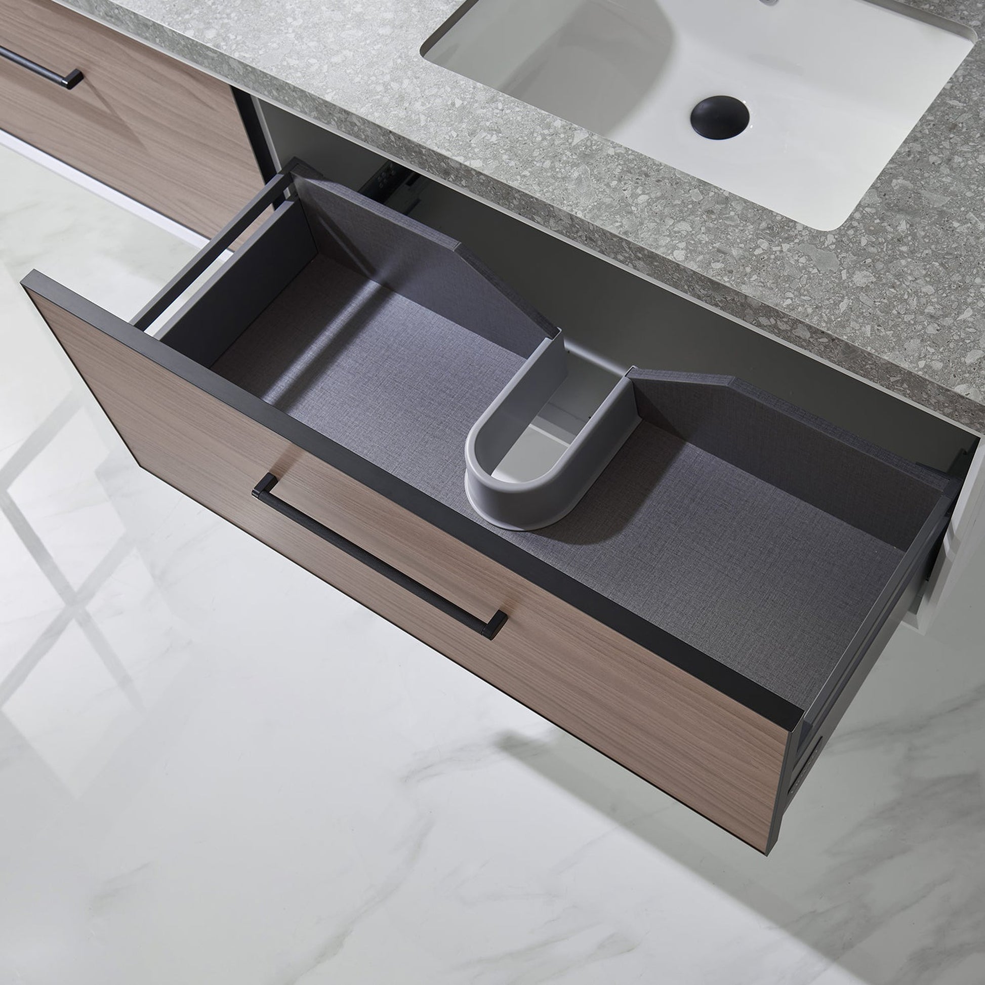Vinnova Caparroso 72" Double Sink Floating Bathroom Vanity In Light Walnut And Matte Black Hardware Finish With Grey Sintered Stone Top And Mirror