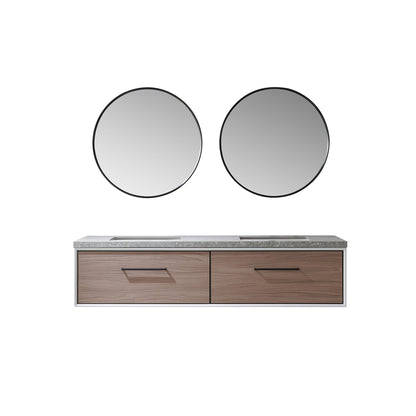 Vinnova Caparroso 72" Double Sink Floating Bathroom Vanity In Light Walnut And Matte Black Hardware Finish With Grey Sintered Stone Top And Mirror