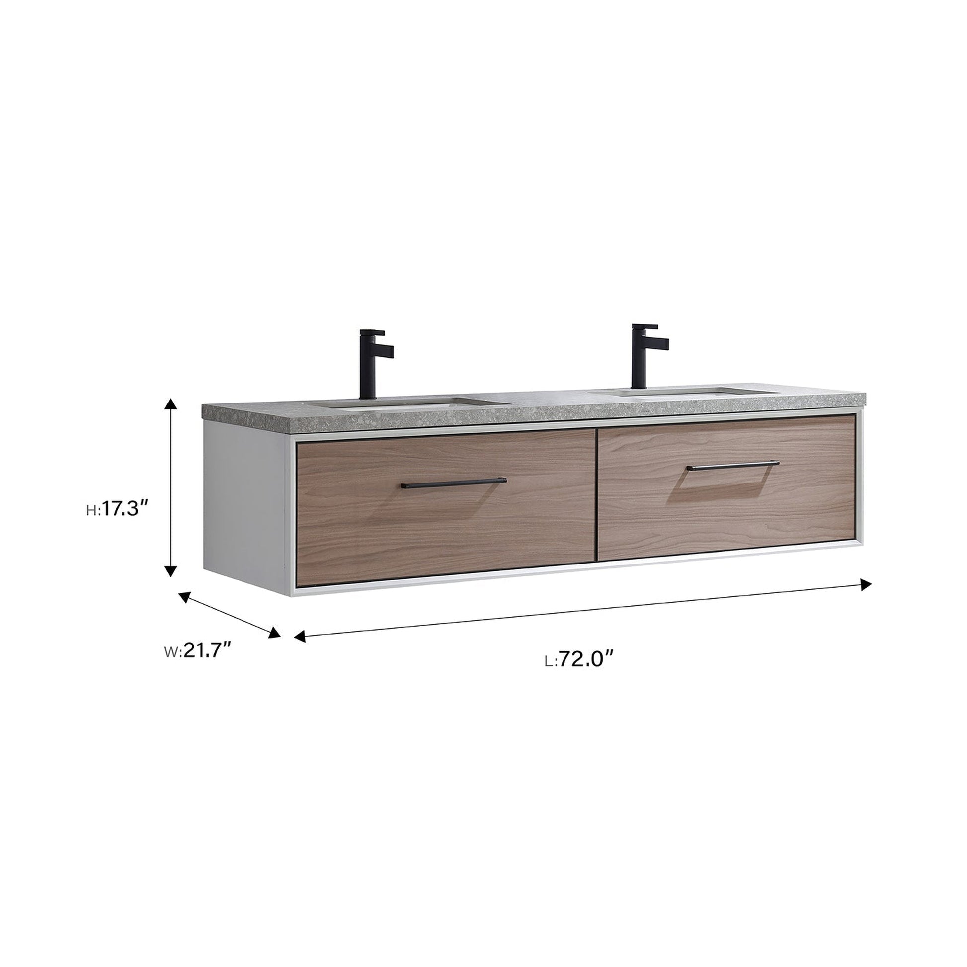 Vinnova Caparroso 72" Double Sink Floating Bathroom Vanity In Light Walnut And Matte Black Hardware Finish With Grey Sintered Stone Top And Mirror