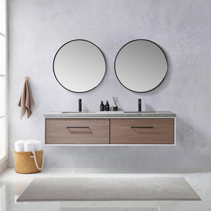 Vinnova Caparroso 72" Double Sink Floating Bathroom Vanity In Light Walnut And Matte Black Hardware Finish With Grey Sintered Stone Top And Mirror