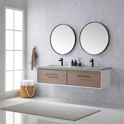 Vinnova Caparroso 72" Double Sink Floating Bathroom Vanity In Light Walnut And Matte Black Hardware Finish With Grey Sintered Stone Top And Mirror