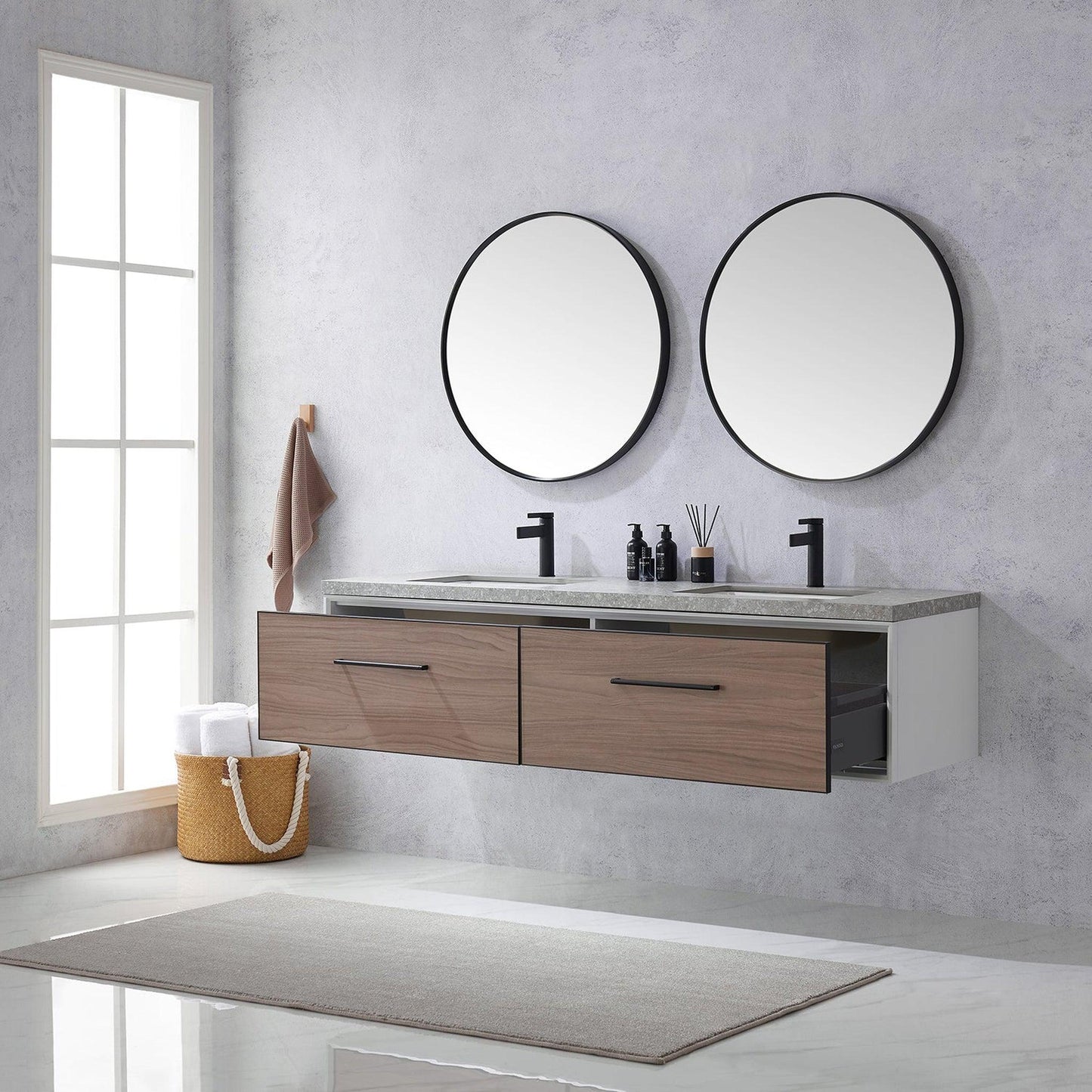 Vinnova Caparroso 72" Double Sink Floating Bathroom Vanity In Light Walnut And Matte Black Hardware Finish With Grey Sintered Stone Top And Mirror