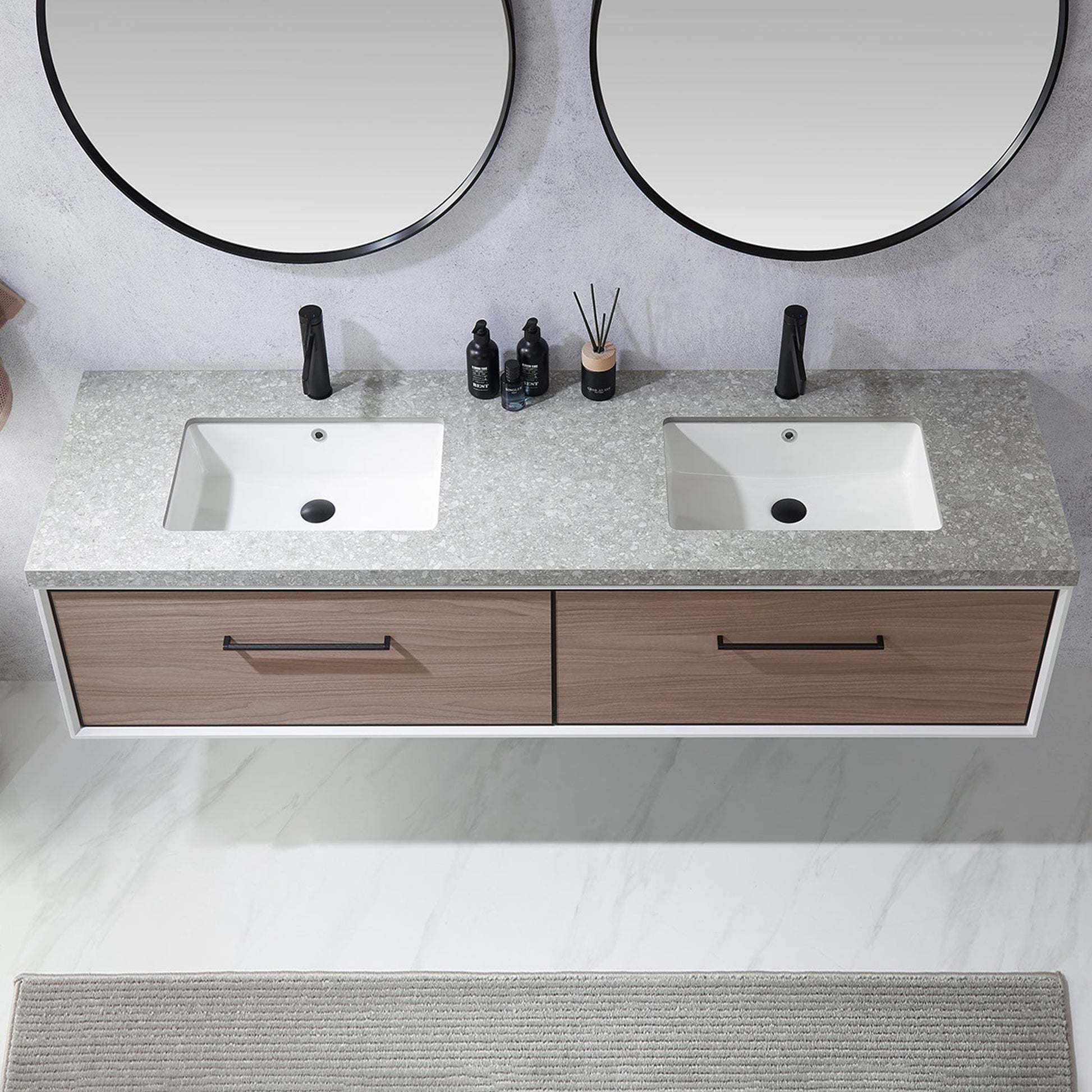 Vinnova Caparroso 72" Double Sink Floating Bathroom Vanity In Light Walnut And Matte Black Hardware Finish With Grey Sintered Stone Top And Mirror