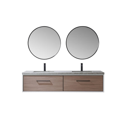 Vinnova Caparroso 72" Double Sink Floating Bathroom Vanity In Light Walnut And Matte Black Hardware Finish With Grey Sintered Stone Top And Mirror