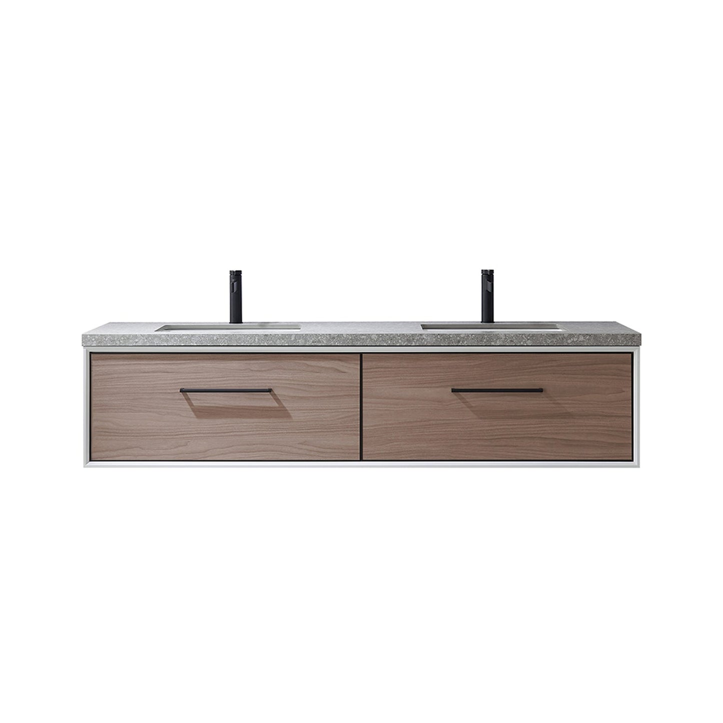 Vinnova Caparroso 72" Double Sink Floating Bathroom Vanity In Light Walnut And Matte Black Hardware Finish With Grey Sintered Stone Top