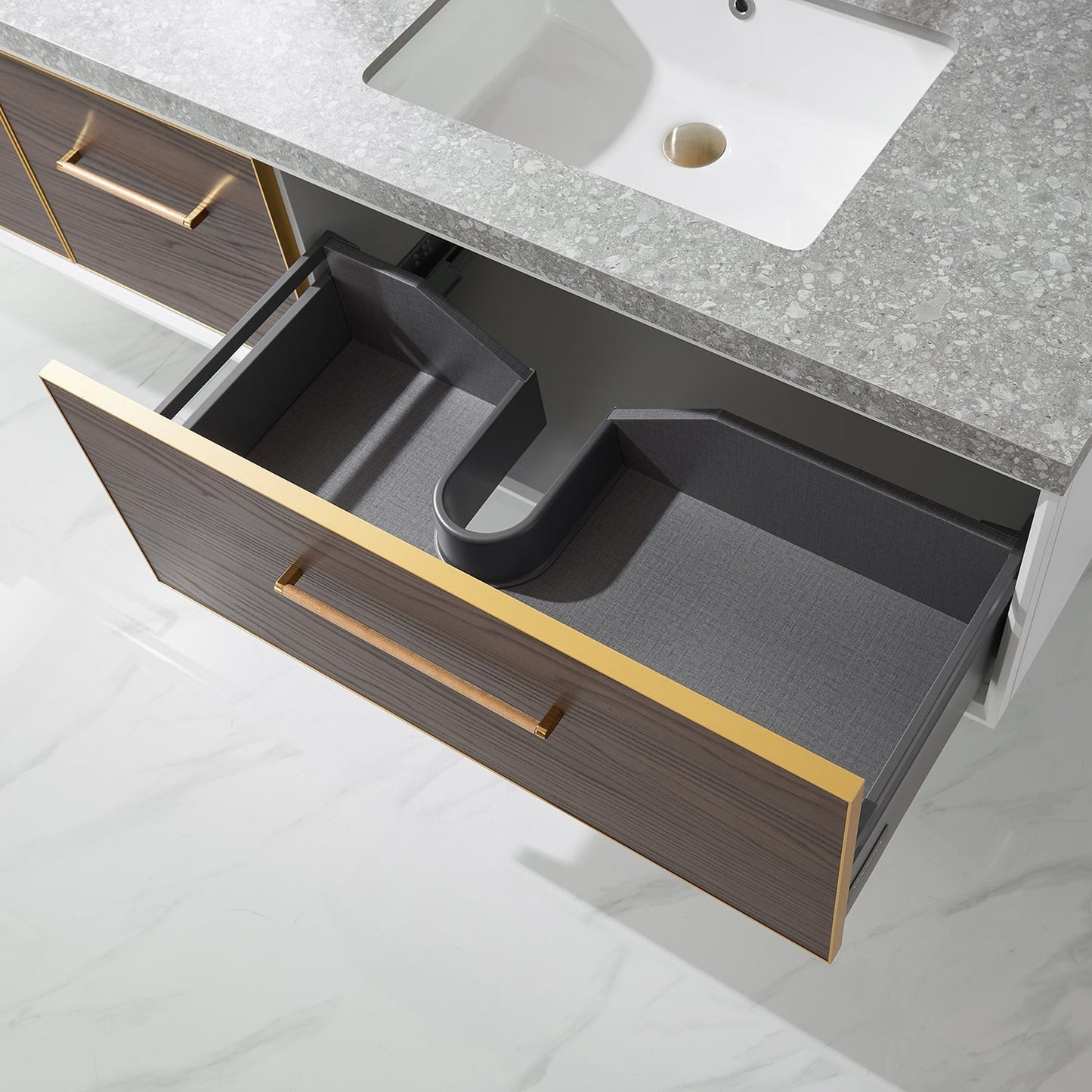 Vinnova Caparroso 84" Double Sink Floating Bathroom Vanity In Dark Walnut And Brushed Gold Hardware Finish With Grey Sintered Stone Top