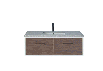 Vinnova Caparroso 84" Double Sink Floating Bathroom Vanity In Dark Walnut And Brushed Gold Hardware Finish With Grey Sintered Stone Top