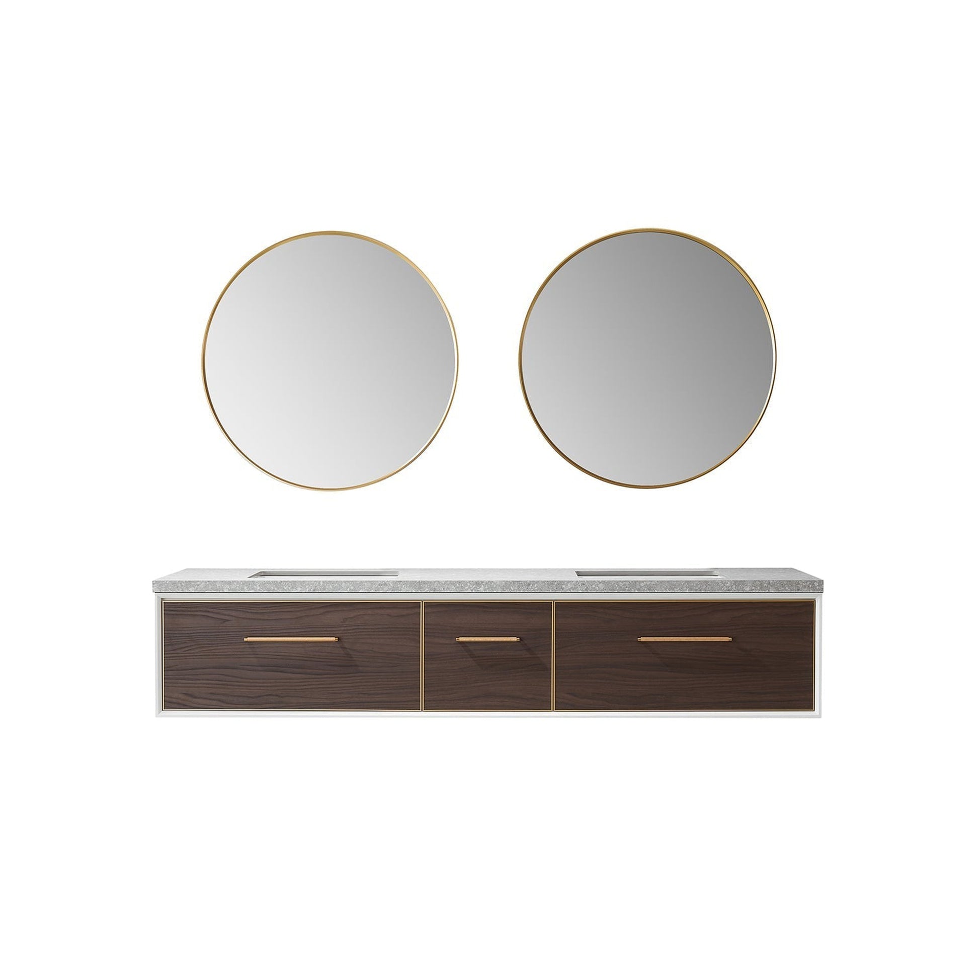 Vinnova Caparroso 84" Double Sink Floating Bathroom Vanity In Dark Walnut And Brushed Gold Hardware Finish With Grey Sintered Stone Top And Mirror