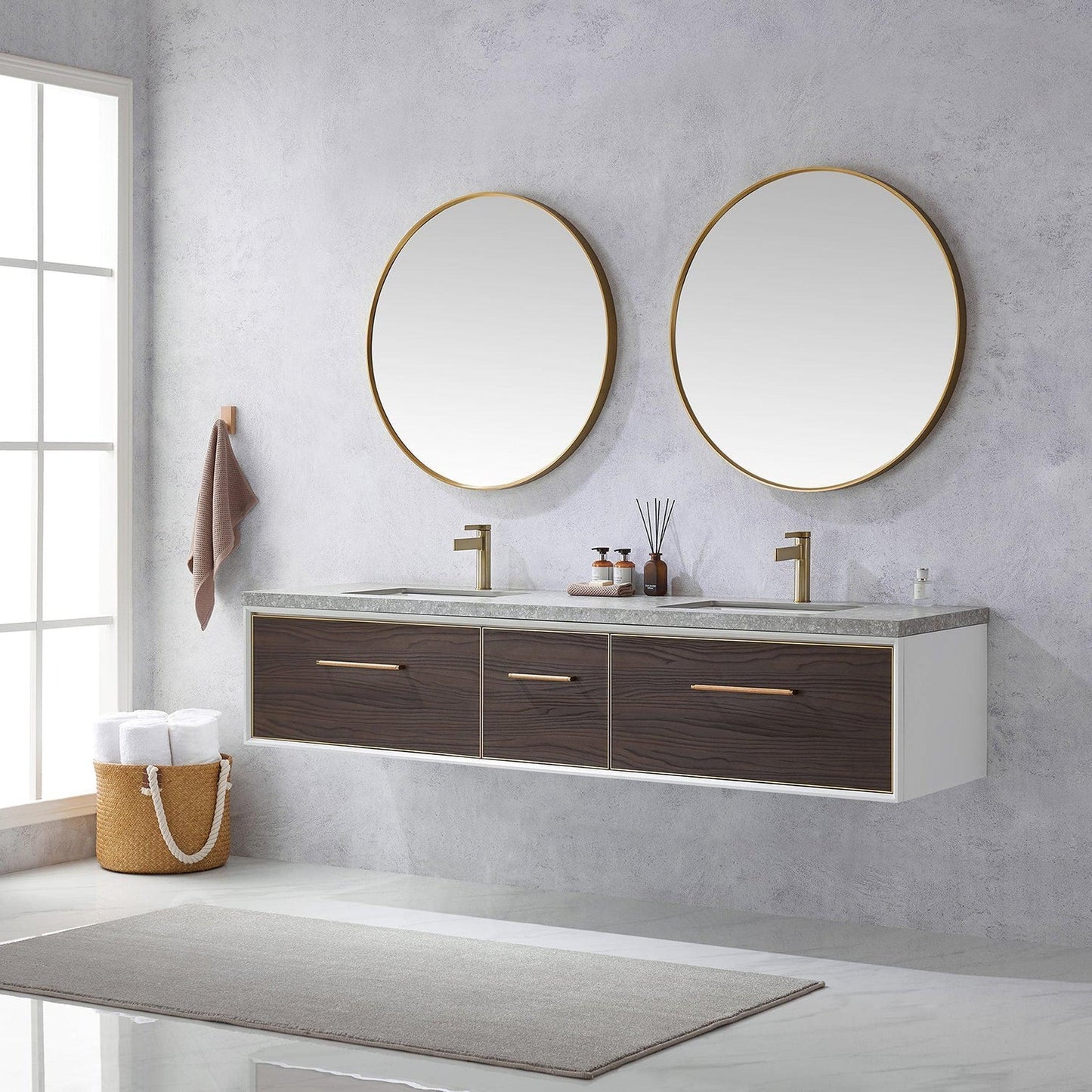 Vinnova Caparroso 84" Double Sink Floating Bathroom Vanity In Dark Walnut And Brushed Gold Hardware Finish With Grey Sintered Stone Top And Mirror