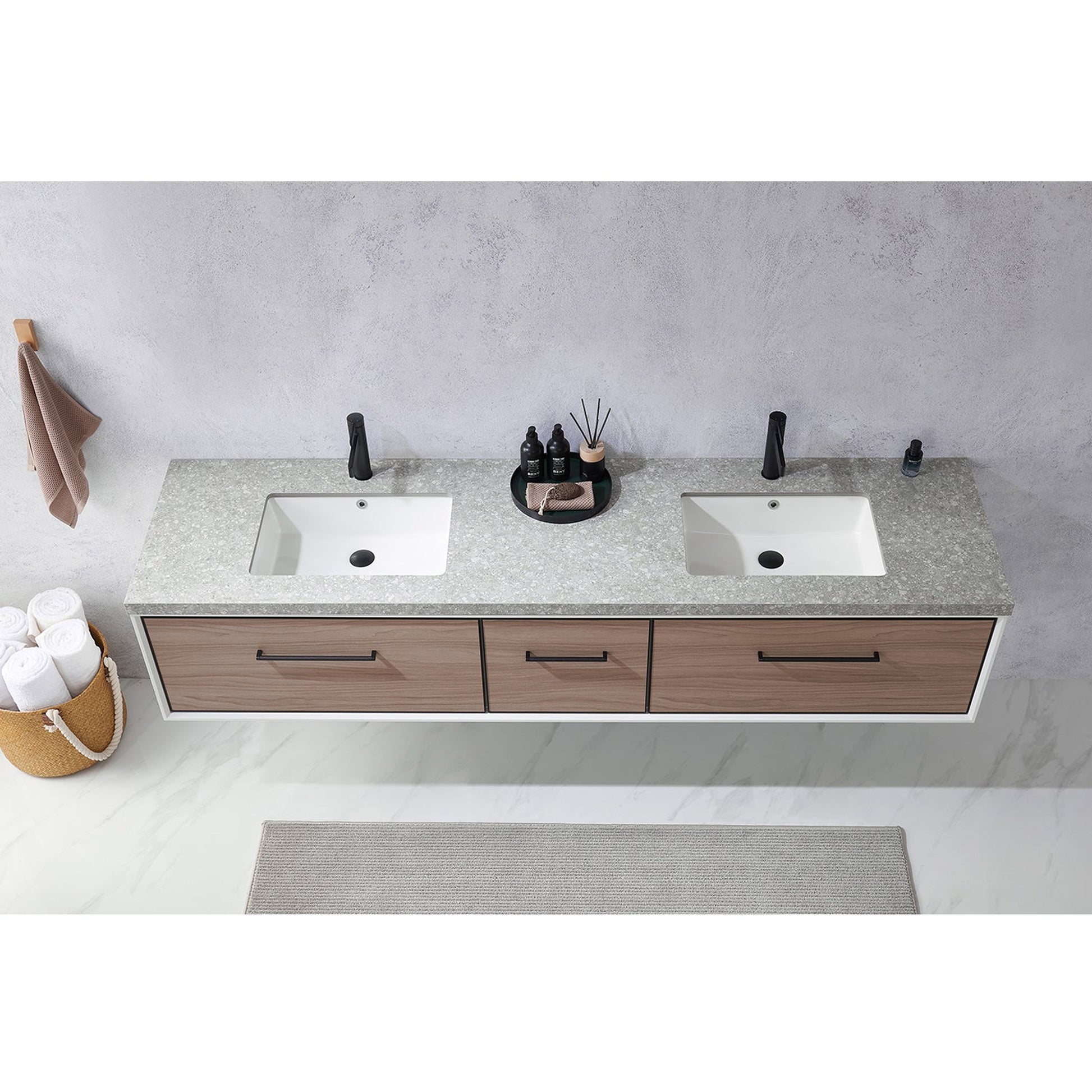 Vinnova Caparroso 84" Double Sink Floating Bathroom Vanity In Light Walnut And Matte Black Hardware Finish With Grey Sintered Stone Top