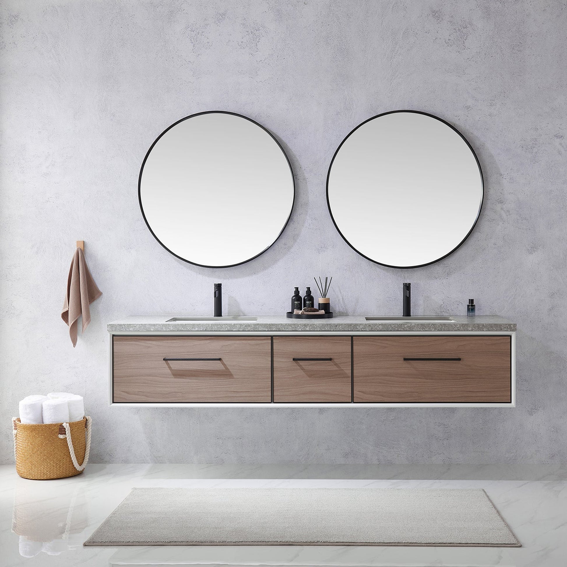 Vinnova Caparroso 84" Double Sink Floating Bathroom Vanity In Light Walnut And Matte Black Hardware Finish With Grey Sintered Stone Top And Mirror