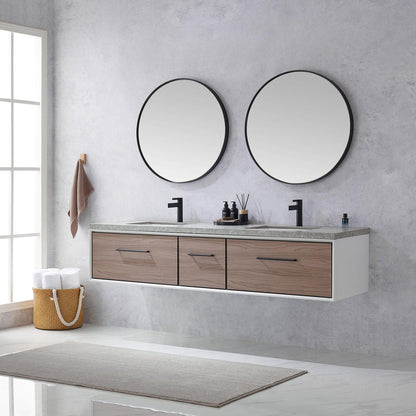 Vinnova Caparroso 84" Double Sink Floating Bathroom Vanity In Light Walnut And Matte Black Hardware Finish With Grey Sintered Stone Top And Mirror