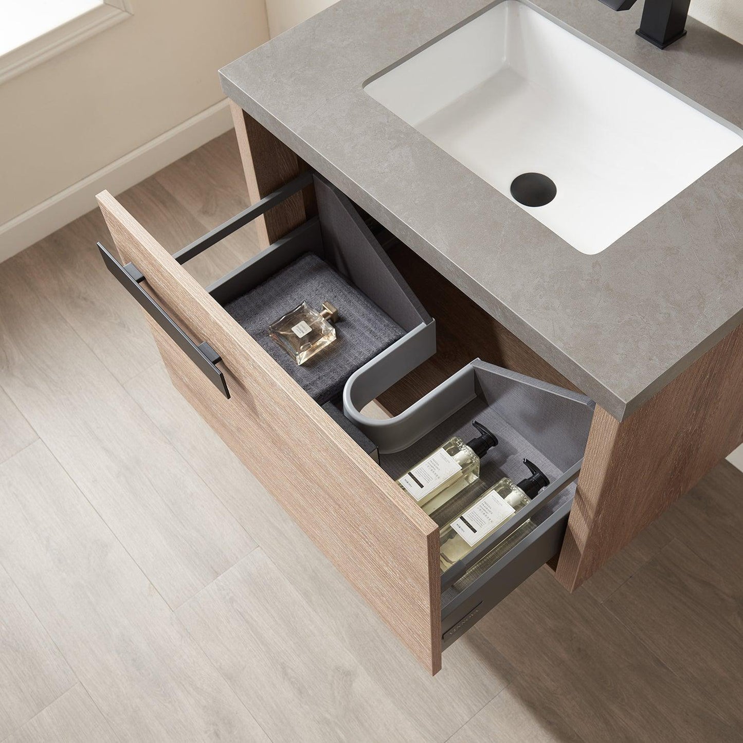 Vinnova Carcastillo 30" Single Sink Bath Vanity In North American Oak And Matte Black Hardware Finish With Grey Sintered Stone Top