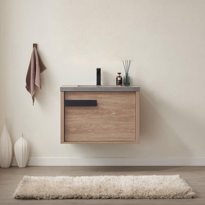 Vinnova Carcastillo 30" Single Sink Bath Vanity In North American Oak And Matte Black Hardware Finish With Grey Sintered Stone Top