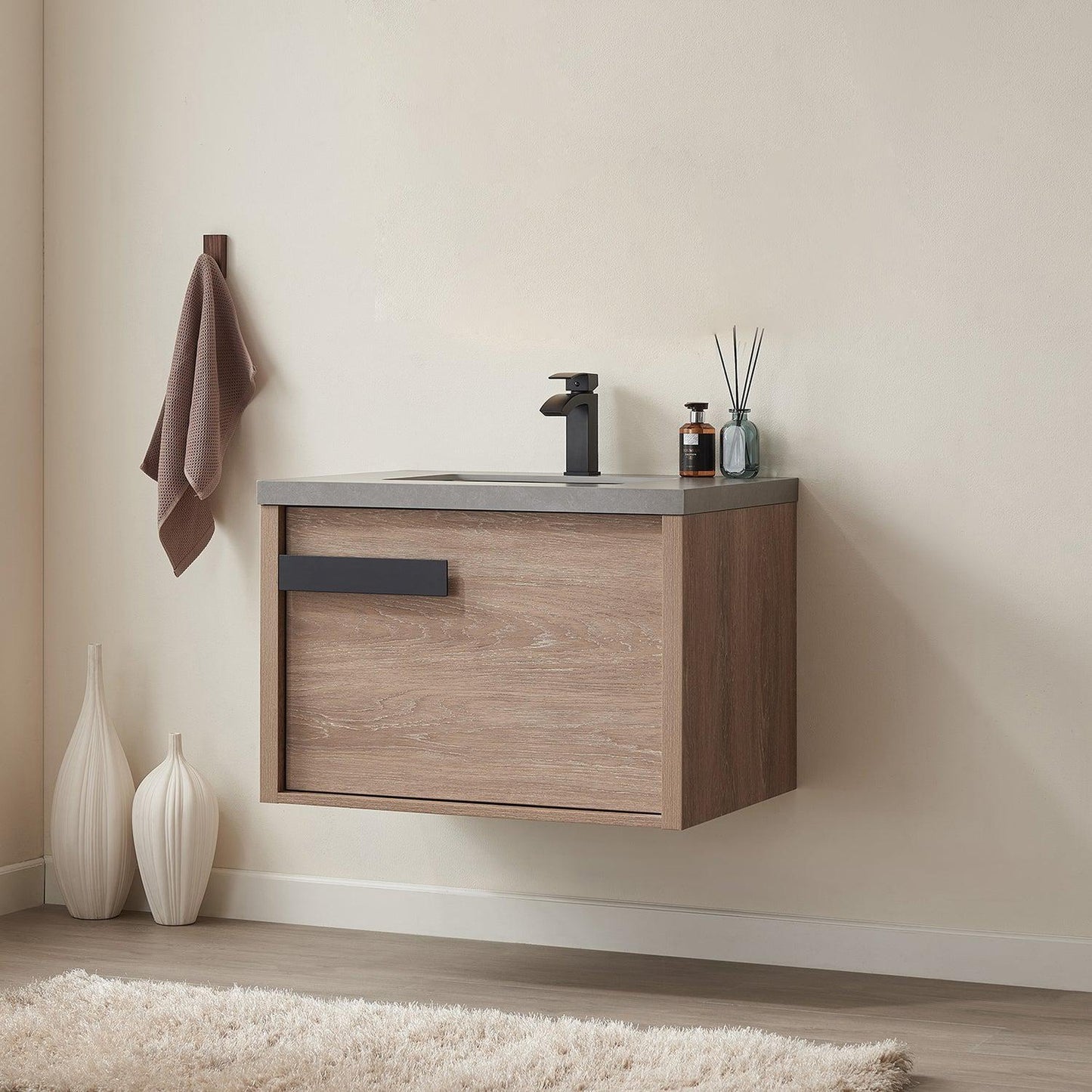 Vinnova Carcastillo 30" Single Sink Bath Vanity In North American Oak And Matte Black Hardware Finish With Grey Sintered Stone Top