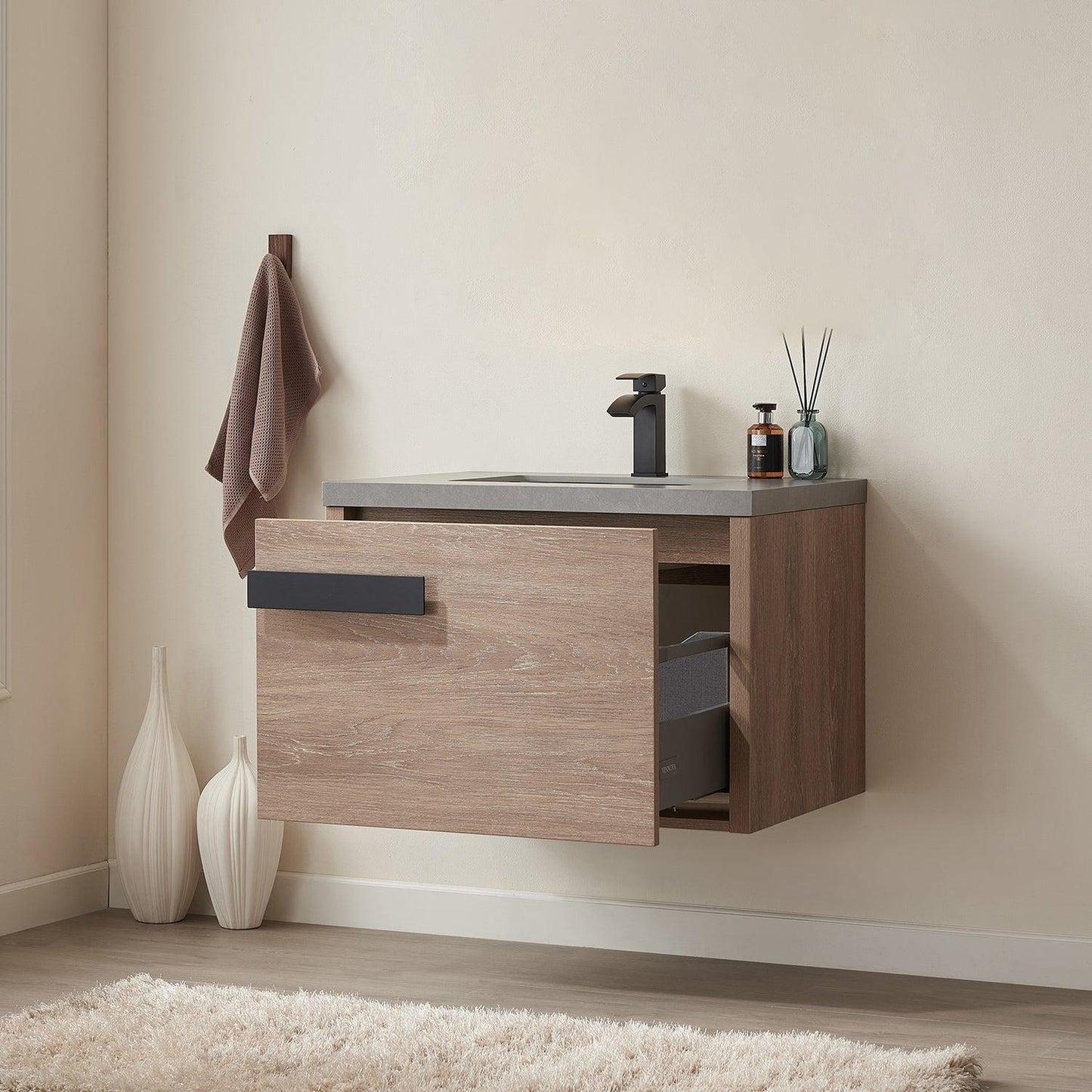 Vinnova Carcastillo 30" Single Sink Bath Vanity In North American Oak And Matte Black Hardware Finish With Grey Sintered Stone Top