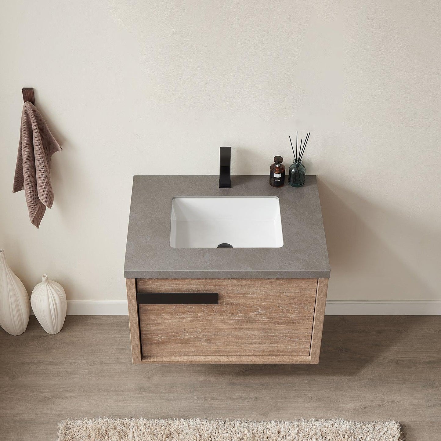 Vinnova Carcastillo 30" Single Sink Bath Vanity In North American Oak And Matte Black Hardware Finish With Grey Sintered Stone Top