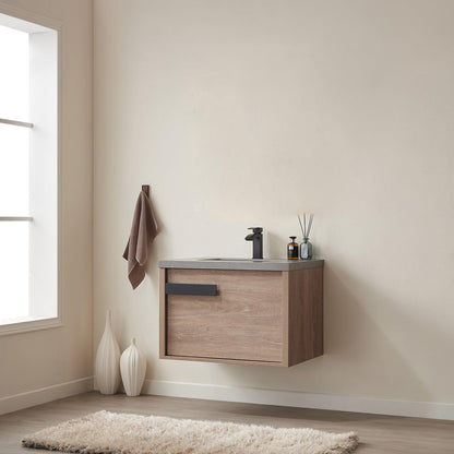 Vinnova Carcastillo 30" Single Sink Bath Vanity In North American Oak And Matte Black Hardware Finish With Grey Sintered Stone Top