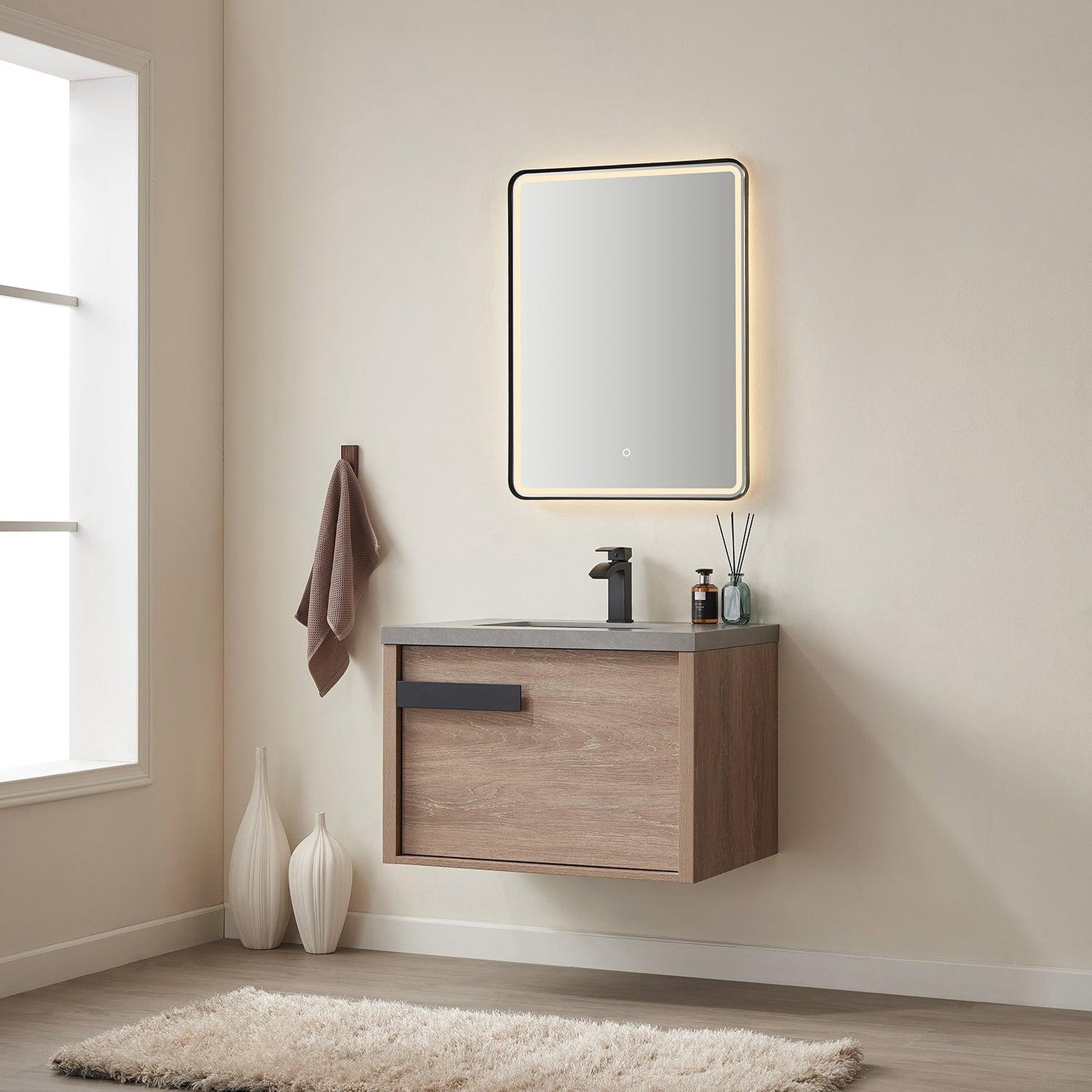 Vinnova Carcastillo 30" Single Sink Bath Vanity In North American Oak And Matte Black Hardware Finish With Grey Sintered Stone Top And Mirror