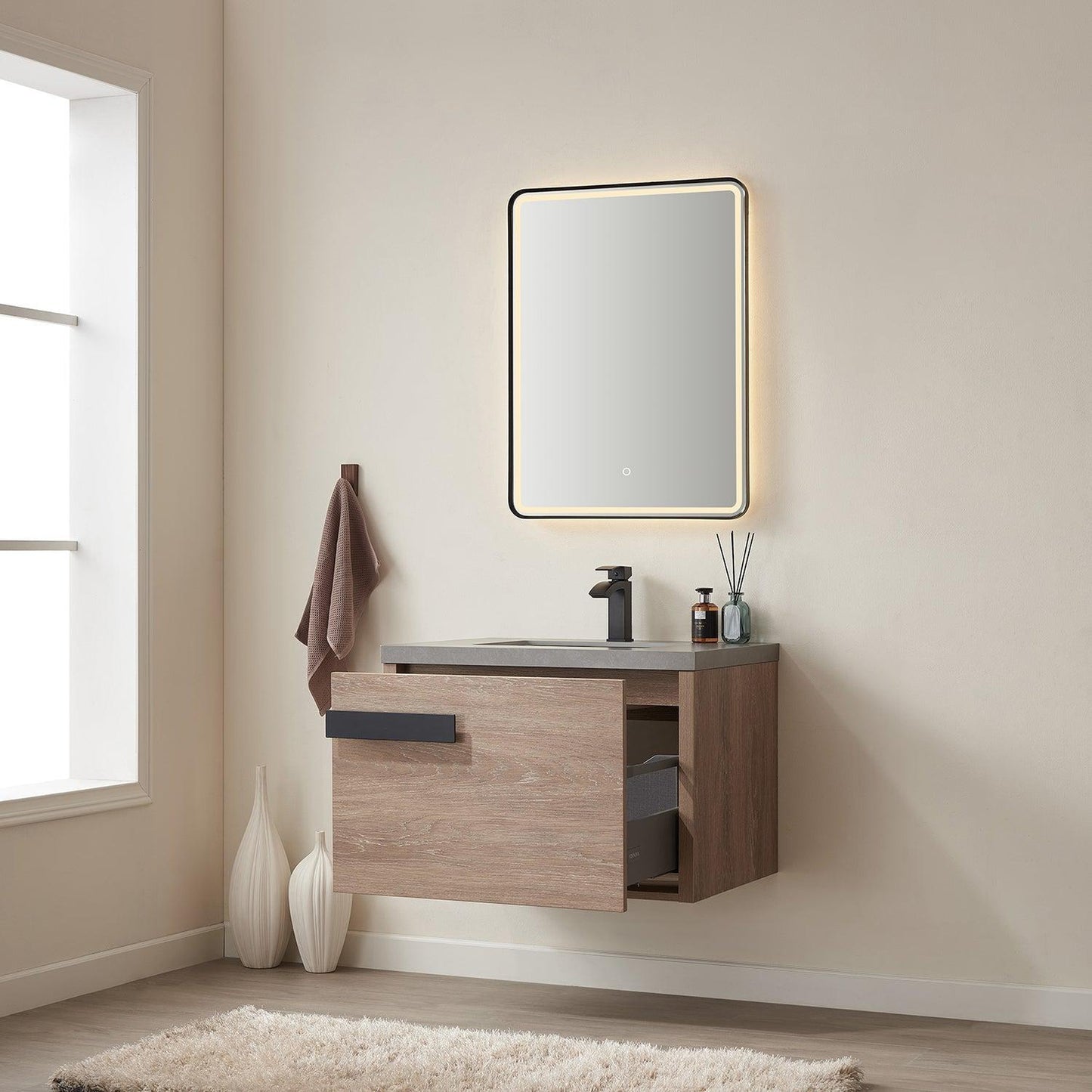 Vinnova Carcastillo 30" Single Sink Bath Vanity In North American Oak And Matte Black Hardware Finish With Grey Sintered Stone Top And Mirror