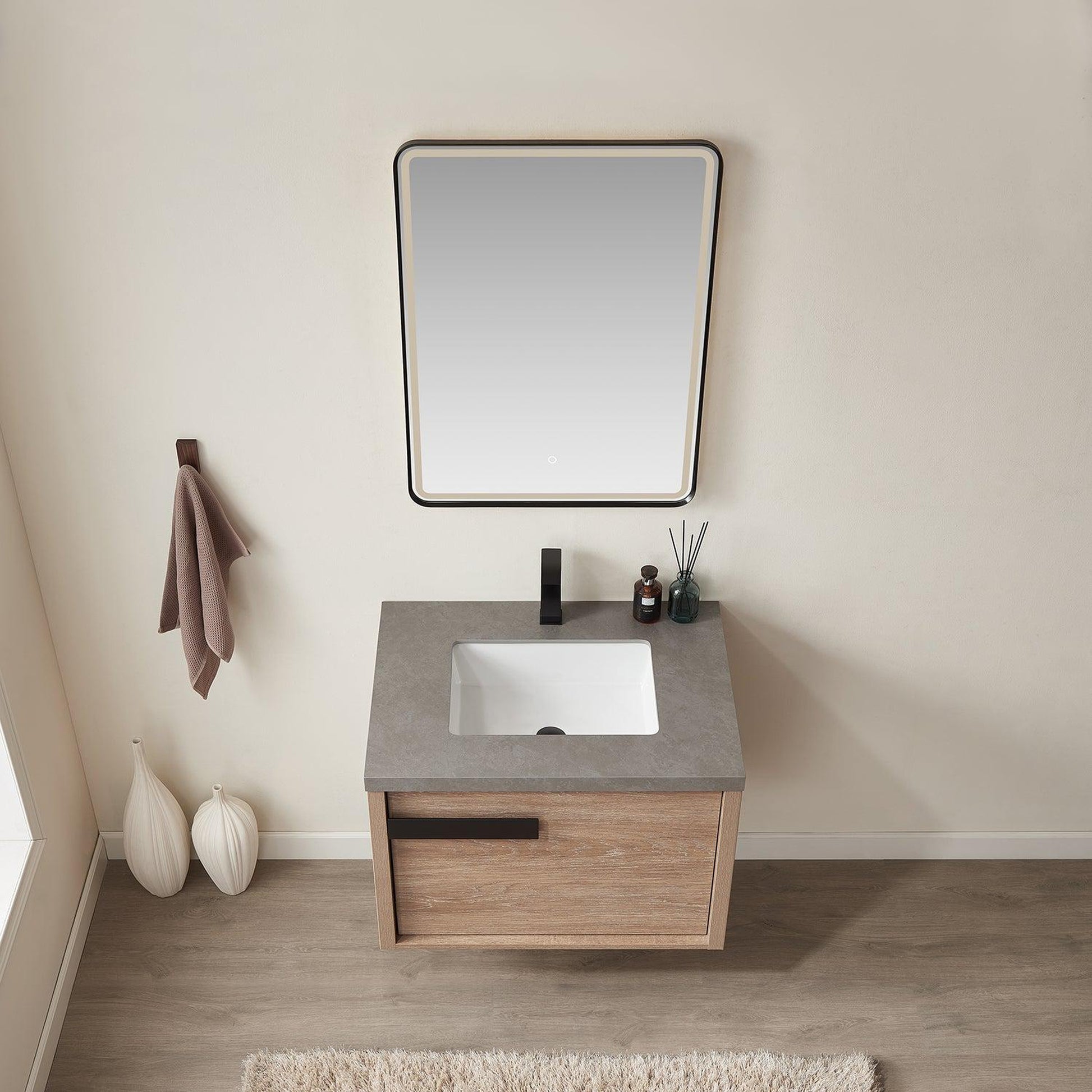 Vinnova Carcastillo 30" Single Sink Bath Vanity In North American Oak And Matte Black Hardware Finish With Grey Sintered Stone Top And Mirror