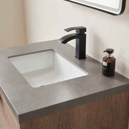 Vinnova Carcastillo 30" Single Sink Bath Vanity In North American Oak And Matte Black Hardware Finish With Grey Sintered Stone Top And Mirror