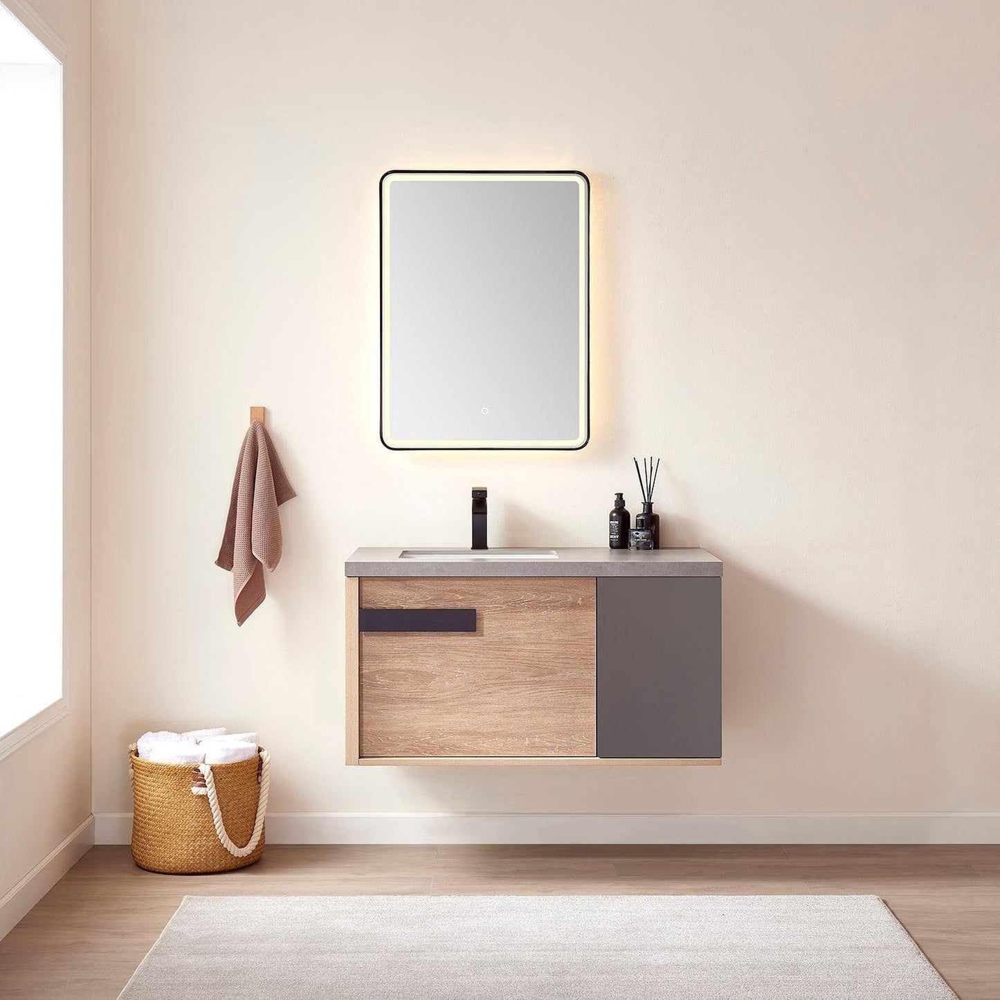 Vinnova Carcastillo 40" Single Sink Bath Vanity In North American Oak And Matte Black Hardware Finish With Grey Sintered Stone Top And Mirror