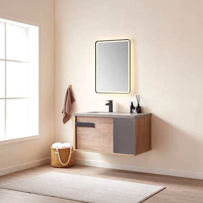 Vinnova Carcastillo 40" Single Sink Bath Vanity In North American Oak And Matte Black Hardware Finish With Grey Sintered Stone Top And Mirror