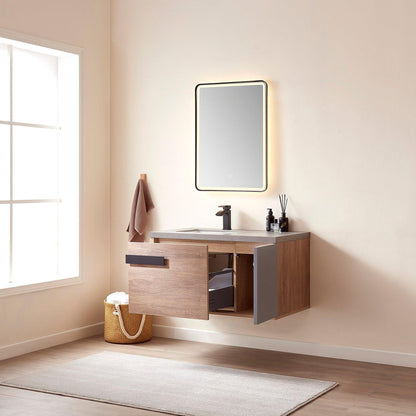 Vinnova Carcastillo 40" Single Sink Bath Vanity In North American Oak And Matte Black Hardware Finish With Grey Sintered Stone Top And Mirror