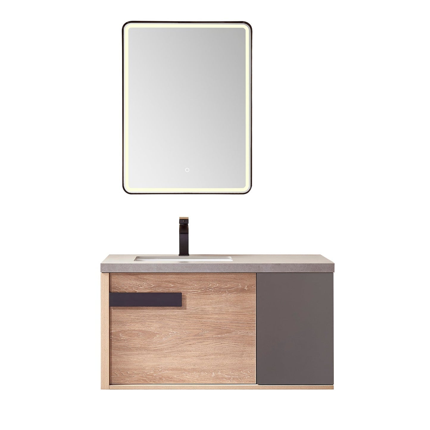 Vinnova Carcastillo 40" Single Sink Bath Vanity In North American Oak And Matte Black Hardware Finish With Grey Sintered Stone Top And Mirror