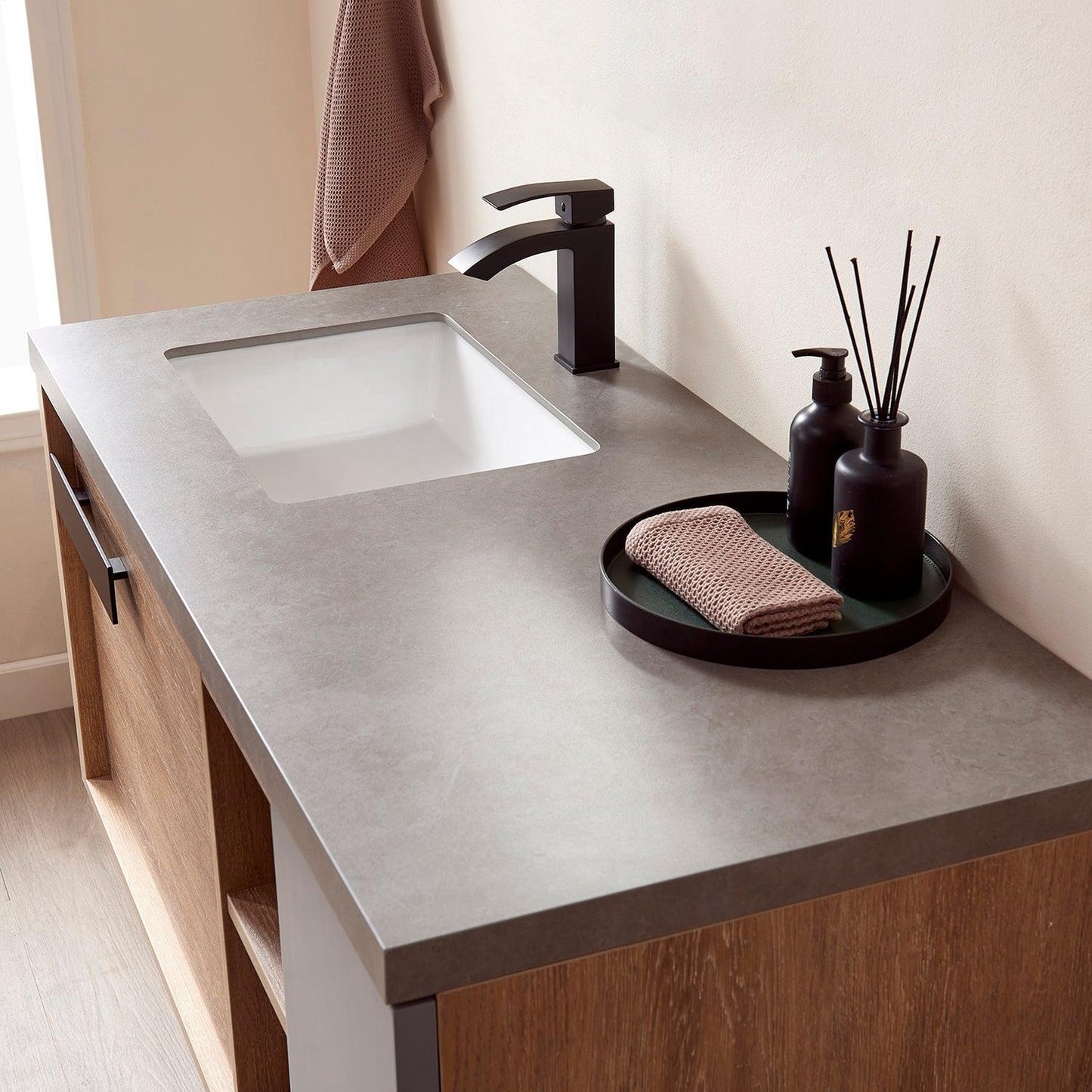 Vinnova Carcastillo 47" Single Sink Bath Vanity In North American Oak And Matte Black Hardware Finish With Grey Sintered Stone Top