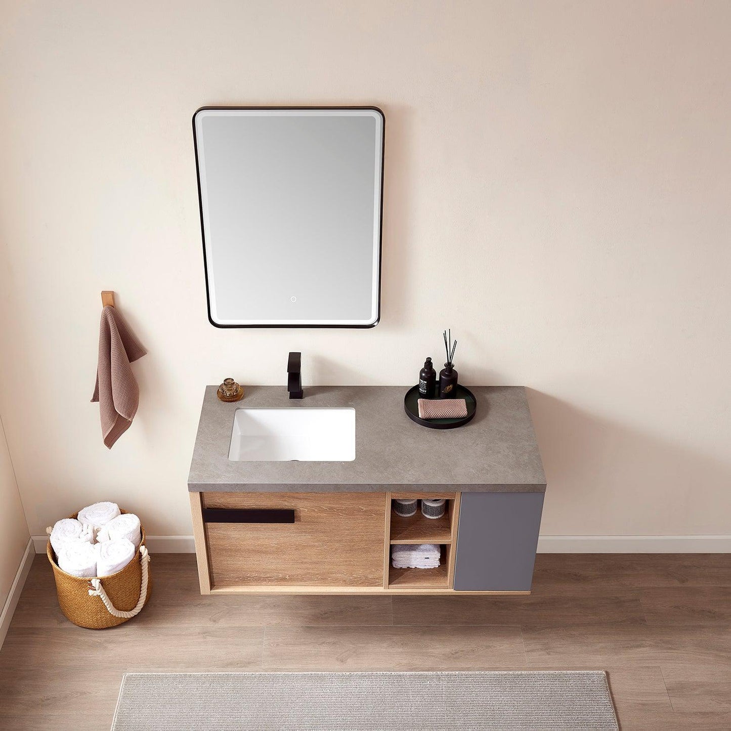 Vinnova Carcastillo 47" Single Sink Bath Vanity In North American Oak And Matte Black Hardware Finish With Grey Sintered Stone Top And Mirror