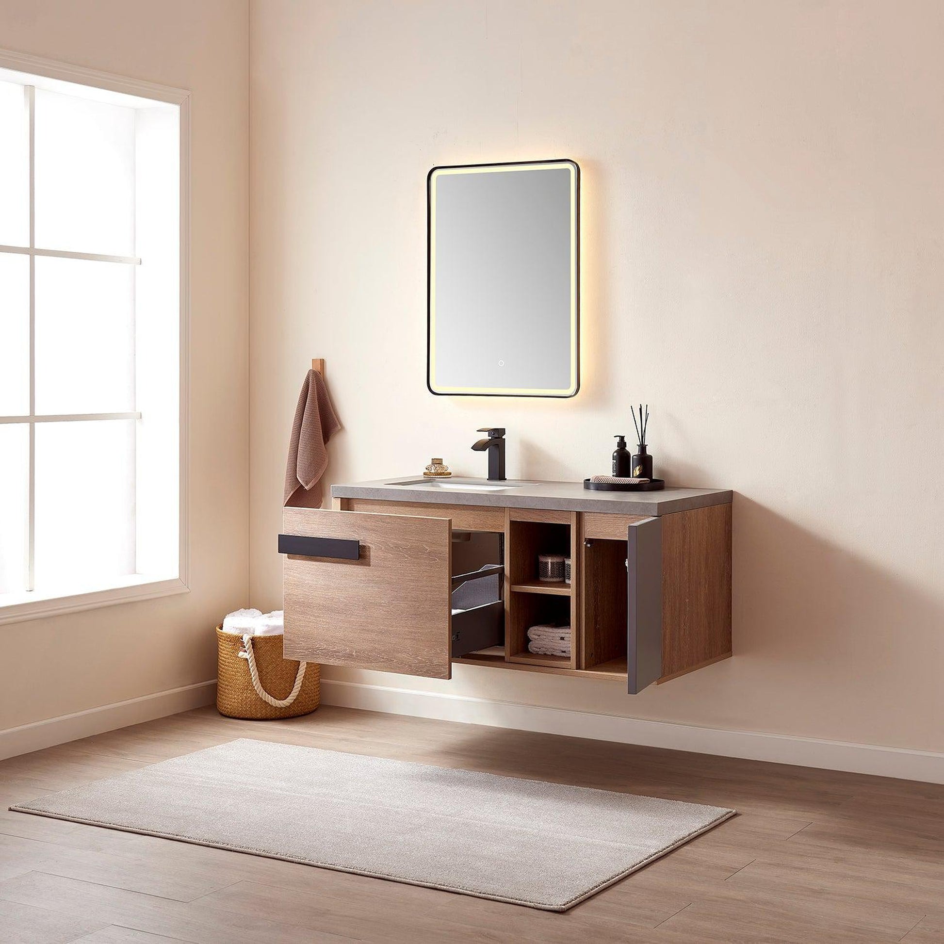 Vinnova Carcastillo 47" Single Sink Bath Vanity In North American Oak And Matte Black Hardware Finish With Grey Sintered Stone Top And Mirror