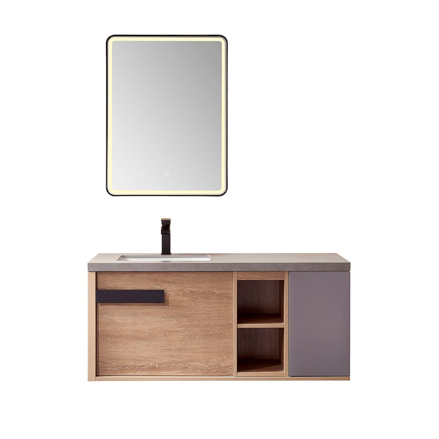 Vinnova Carcastillo 47" Single Sink Bath Vanity In North American Oak And Matte Black Hardware Finish With Grey Sintered Stone Top And Mirror