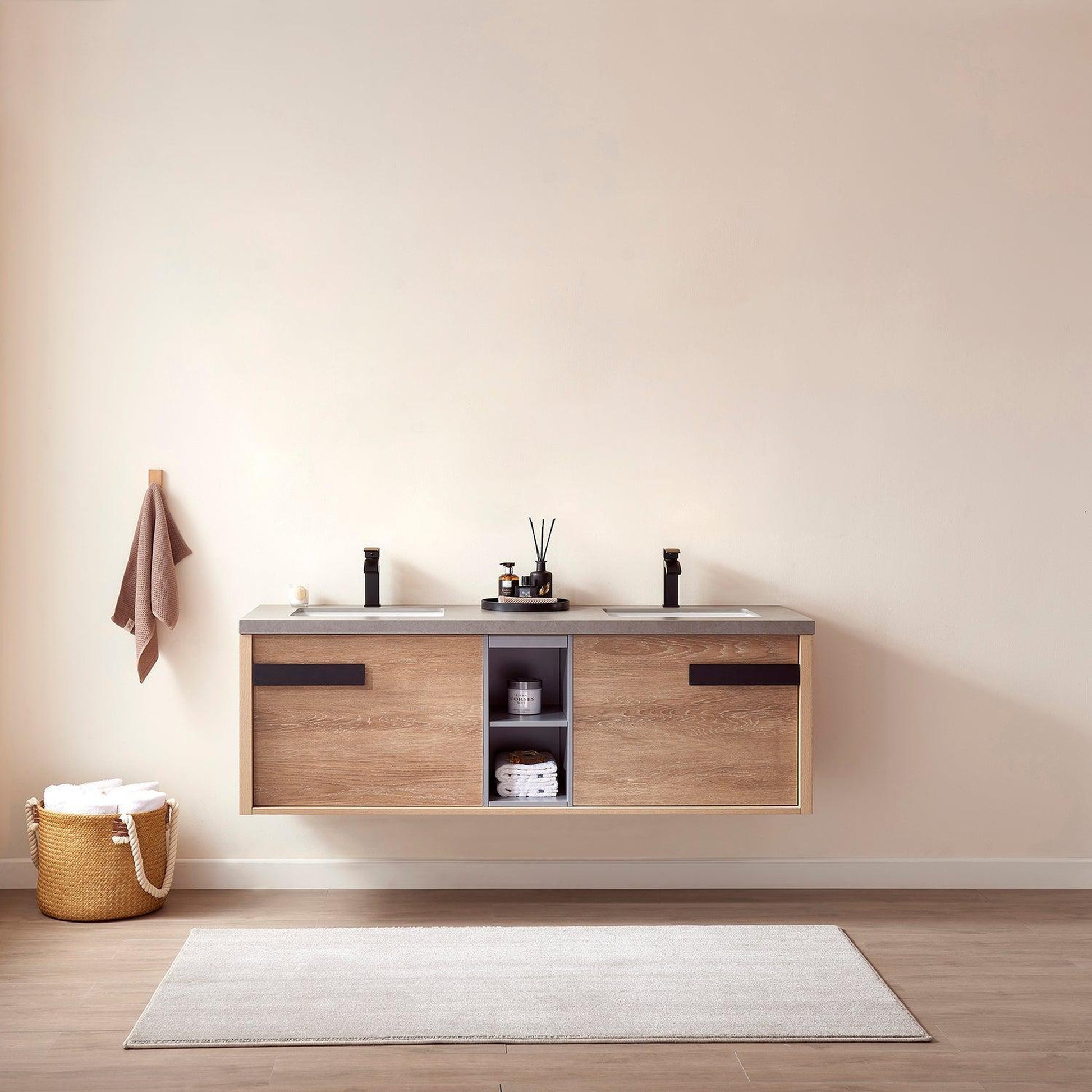Vinnova Carcastillo 63" Double Sink Bath Vanity In North American Oak And Matte Black Hardware Finish With Grey Sintered Stone Top