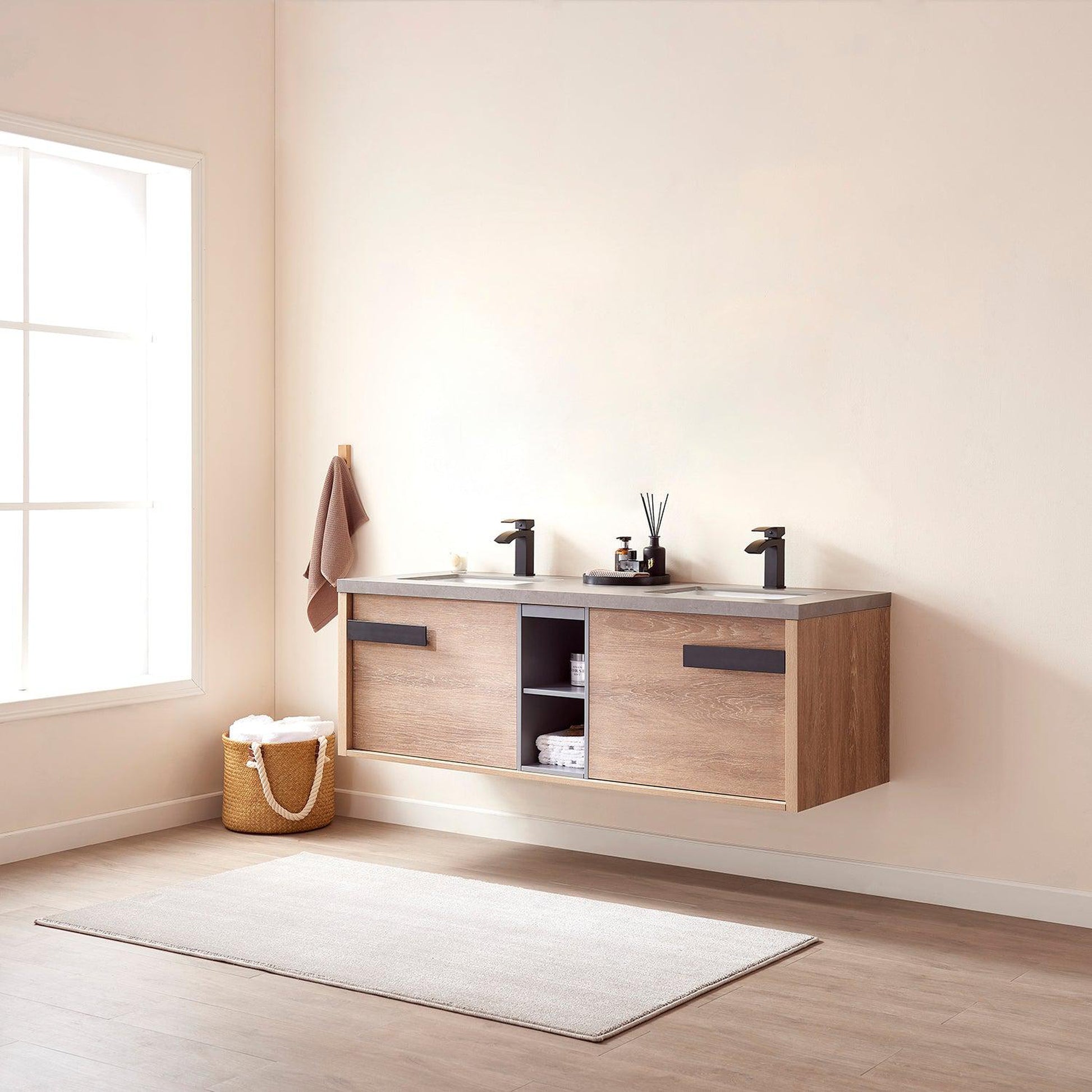 Vinnova Carcastillo 63" Double Sink Bath Vanity In North American Oak And Matte Black Hardware Finish With Grey Sintered Stone Top