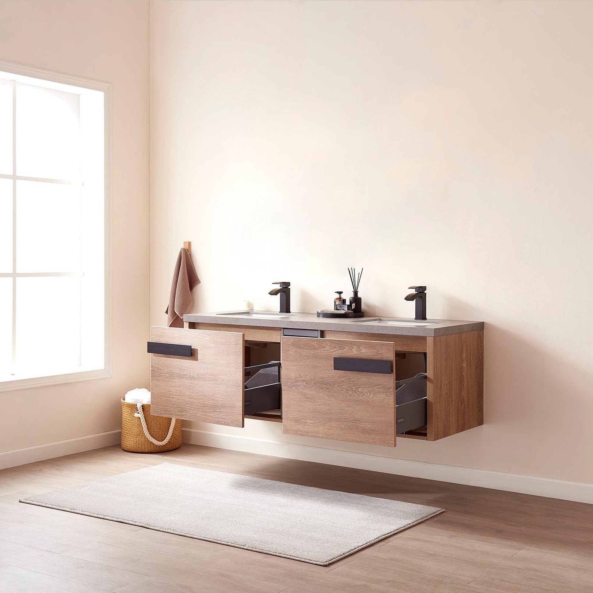 Vinnova Carcastillo 63" Double Sink Bath Vanity In North American Oak And Matte Black Hardware Finish With Grey Sintered Stone Top