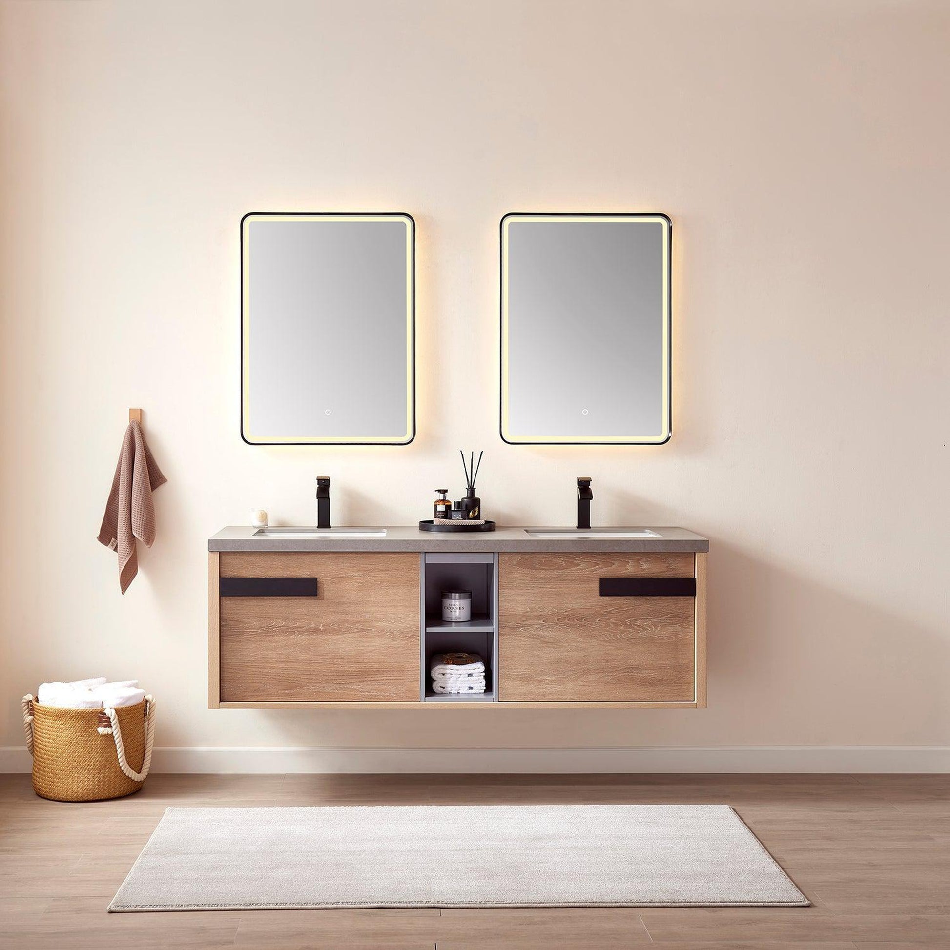 Vinnova Carcastillo 63" Double Sink Bath Vanity In North American Oak And Matte Black Hardware Finish With Grey Sintered Stone Top And Mirror