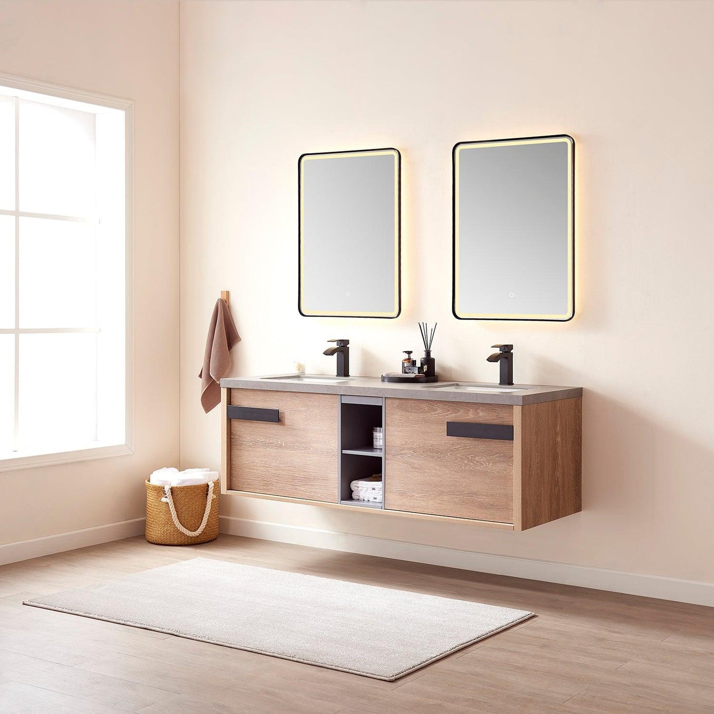 Vinnova Carcastillo 63" Double Sink Bath Vanity In North American Oak And Matte Black Hardware Finish With Grey Sintered Stone Top And Mirror