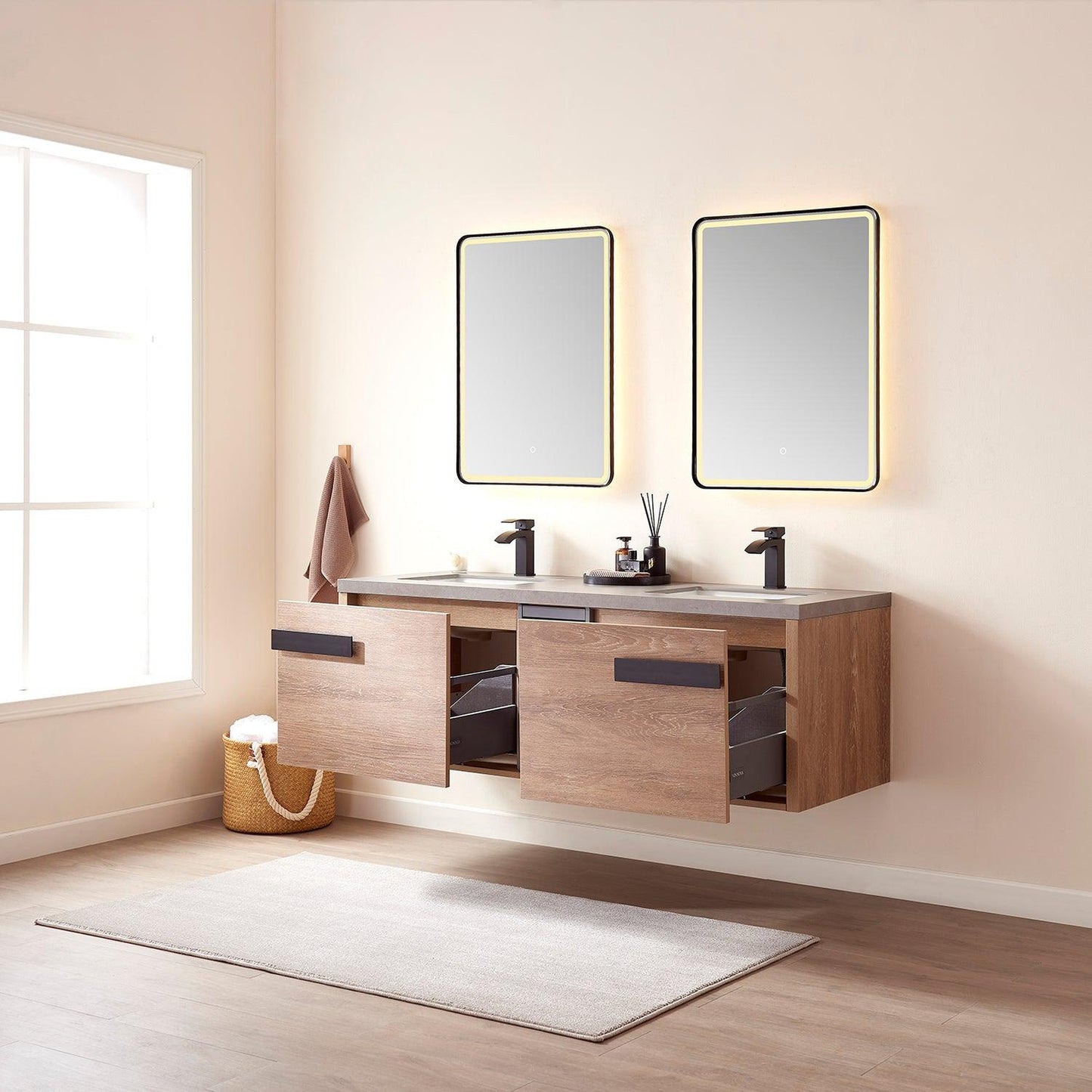 Vinnova Carcastillo 63" Double Sink Bath Vanity In North American Oak And Matte Black Hardware Finish With Grey Sintered Stone Top And Mirror