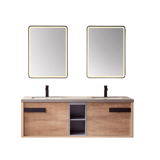 Vinnova Carcastillo 63" Double Sink Bath Vanity In North American Oak And Matte Black Hardware Finish With Grey Sintered Stone Top And Mirror
