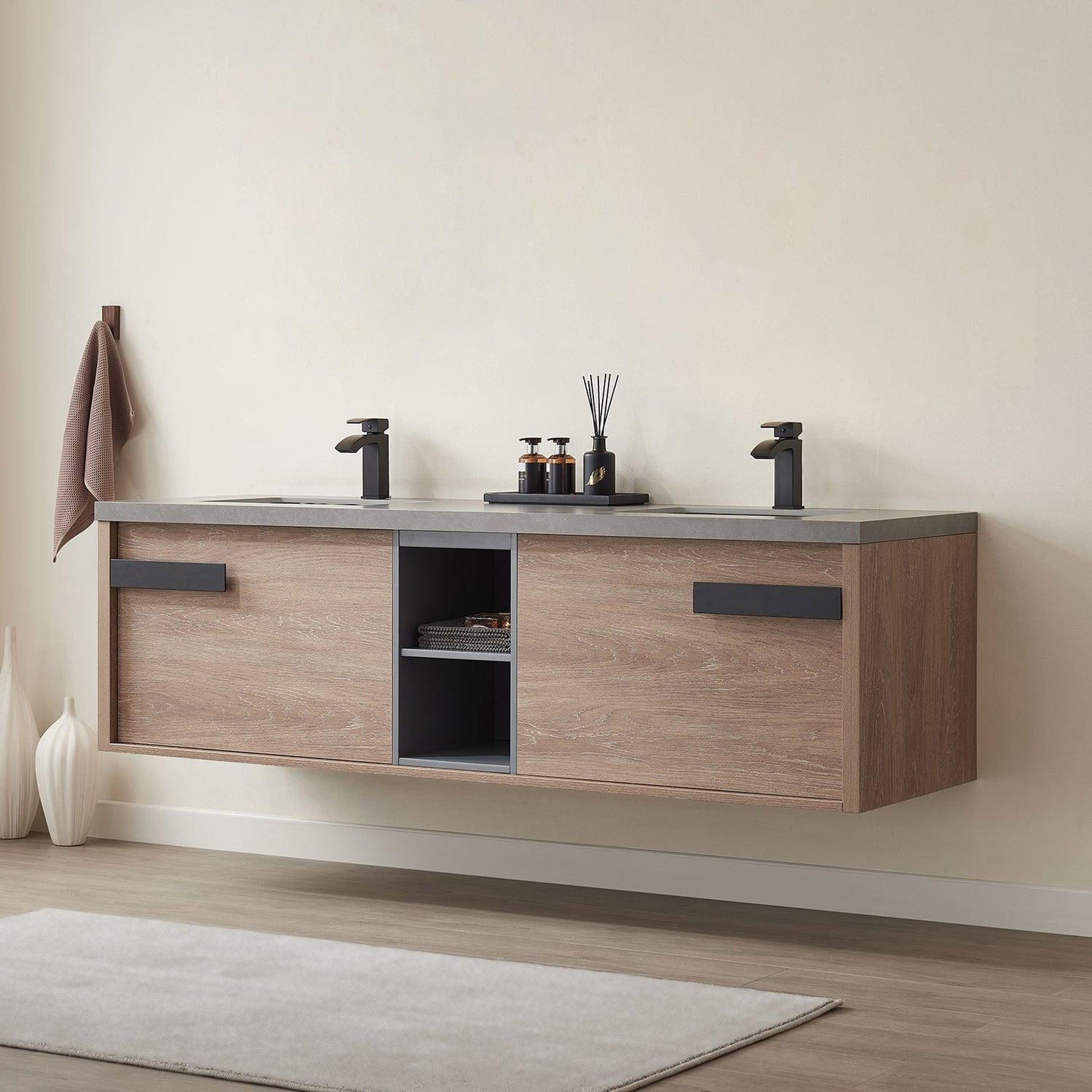 Vinnova Carcastillo 72" Double Sink Bath Vanity In North American Oak And Matte Black Hardware Finish With Grey Sintered Stone Top