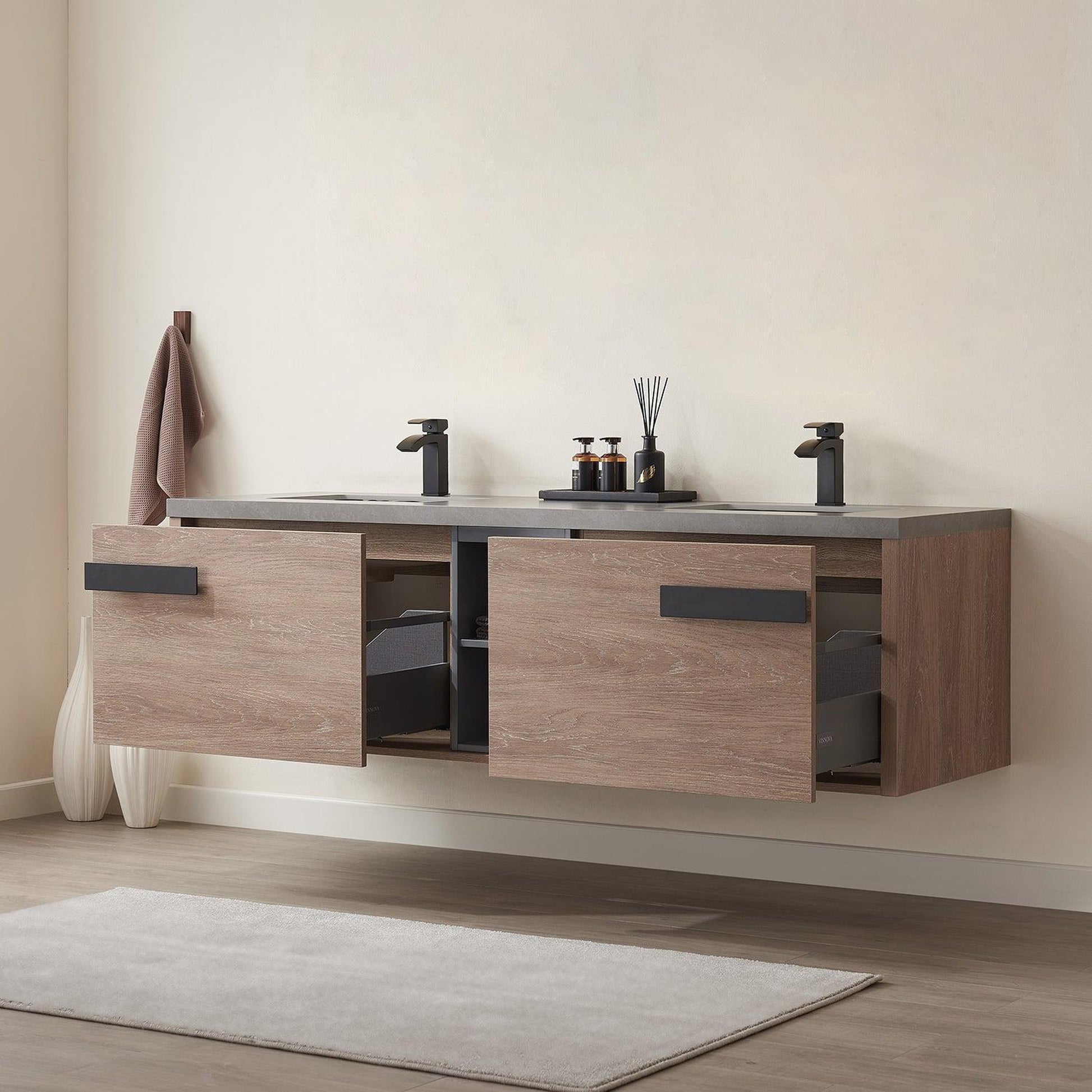 Vinnova Carcastillo 72" Double Sink Bath Vanity In North American Oak And Matte Black Hardware Finish With Grey Sintered Stone Top