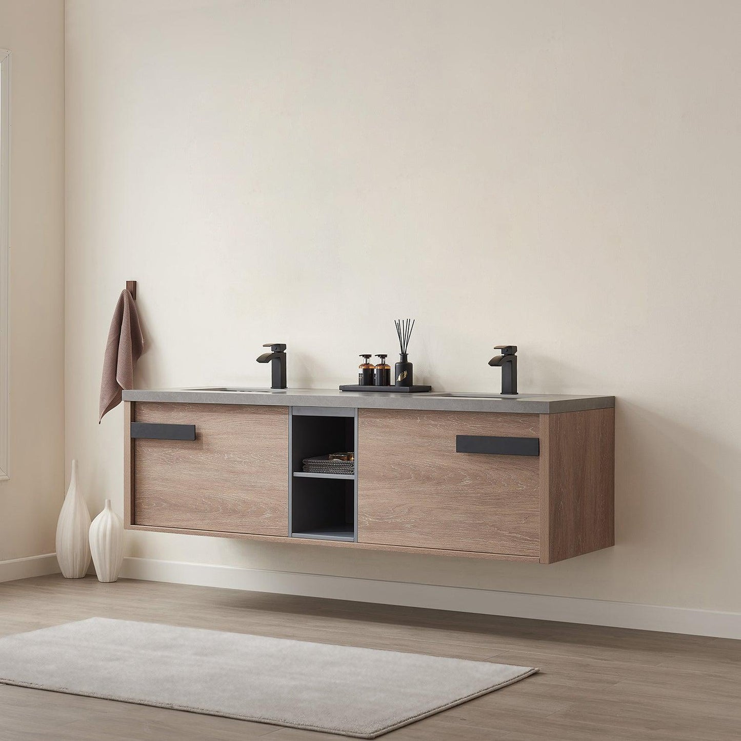 Vinnova Carcastillo 72" Double Sink Bath Vanity In North American Oak And Matte Black Hardware Finish With Grey Sintered Stone Top