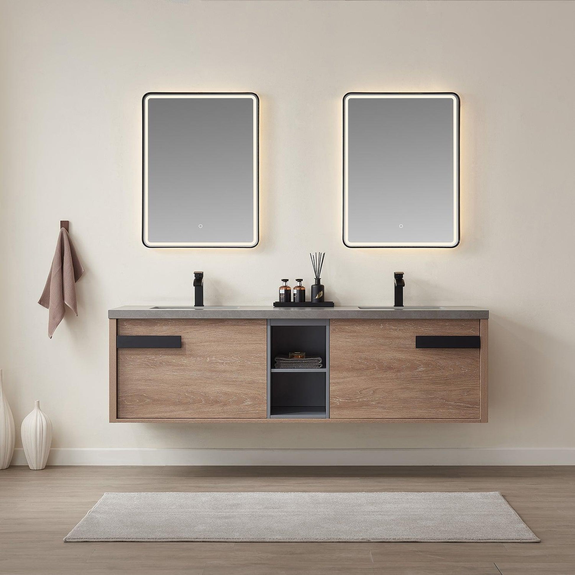 Vinnova Carcastillo 72" Double Sink Bath Vanity In North American Oak And Matte Black Hardware Finish With Grey Sintered Stone Top And Mirror