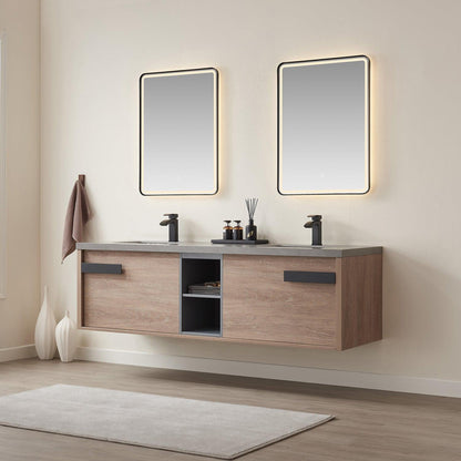 Vinnova Carcastillo 72" Double Sink Bath Vanity In North American Oak And Matte Black Hardware Finish With Grey Sintered Stone Top And Mirror